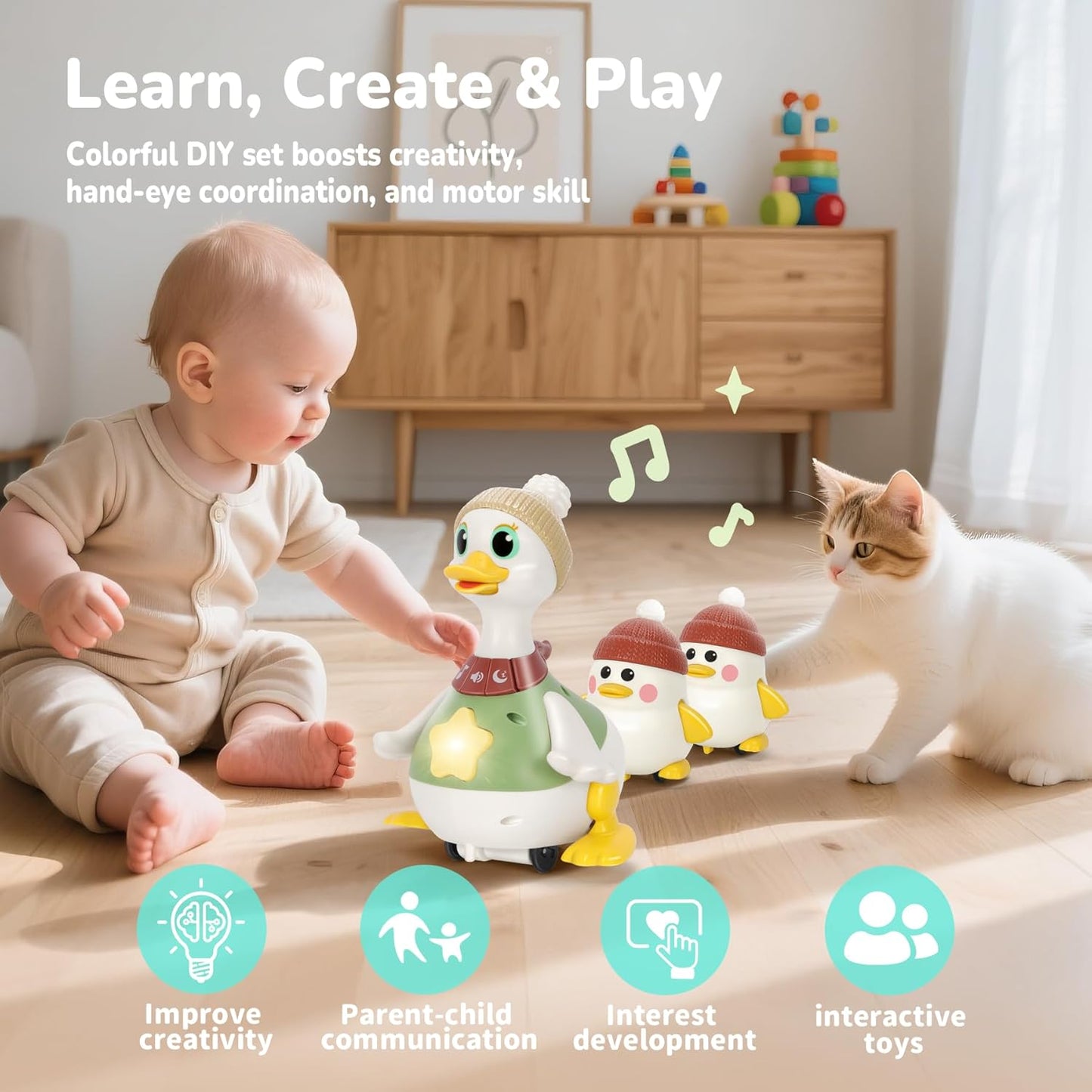 Hestiasko Dancing Duck Toy for Babies 6-36 Months, Musical Crawling & Tummy Time Toy Set with Magnetic, Learning Crawl Interactive Baby Toys for Toddlers 1-3 Birthday Easter Gifts for Boys Girls