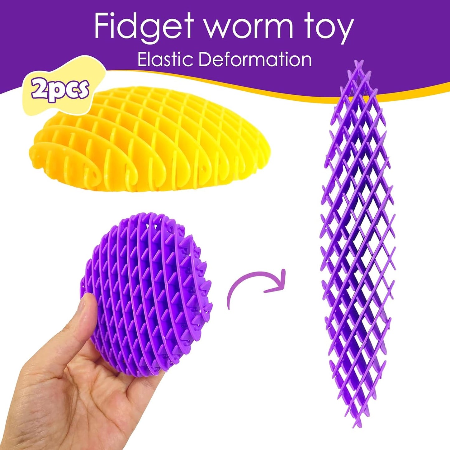 Fidget Worm Toy 2 Pack, Sensory Slug Fidget Toy, Funny Pocket Fidget Toy, Resistance Fidget Toy Anxiety & Stress Relief Toys, EDC Executive Desk Toys (Yellow+Purple)