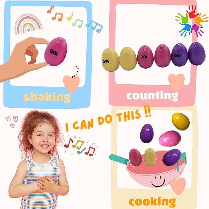 OPPA Colorful Plastic Egg Shakers 6 PCS and Rainbow Stacking Toy, Hand Percussion Musical Shaker, Wooden Rainbow Stacker Nesting Blocks, Educational Toy for Toddlers Baby Preschool Kids