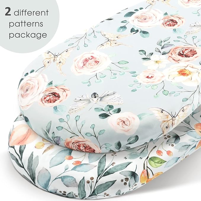 GRSSDER Stretchy Ultra Soft Fitted Bassinet Sheet Set 2 Pack for Girls Universal Fit for Baby Cradle Moses Basket Oval Rectangle Mattress, Watercolor Flowers and Fruits