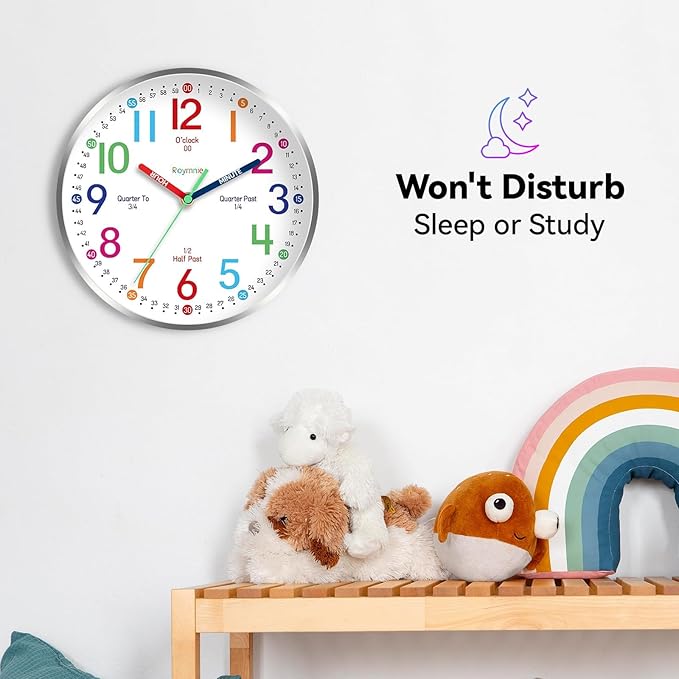 14 Inch Wall Clock for Kids Learning to Tell Time, Modern Silent Battery Operated Teaching Clock, Ideal Gift for Kids Room School