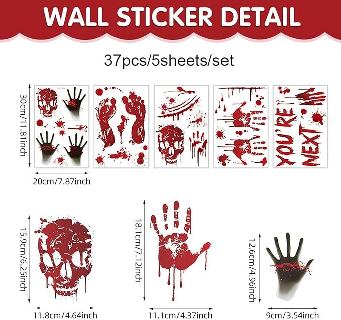 5 Sheets Halloween Window Cling Halloween Bloody Handprint Footprint Window Stickers Double-Side Blood Skull Blood Drop Window Stickers Bloody Handprint Stickers for Scary Party Decoration