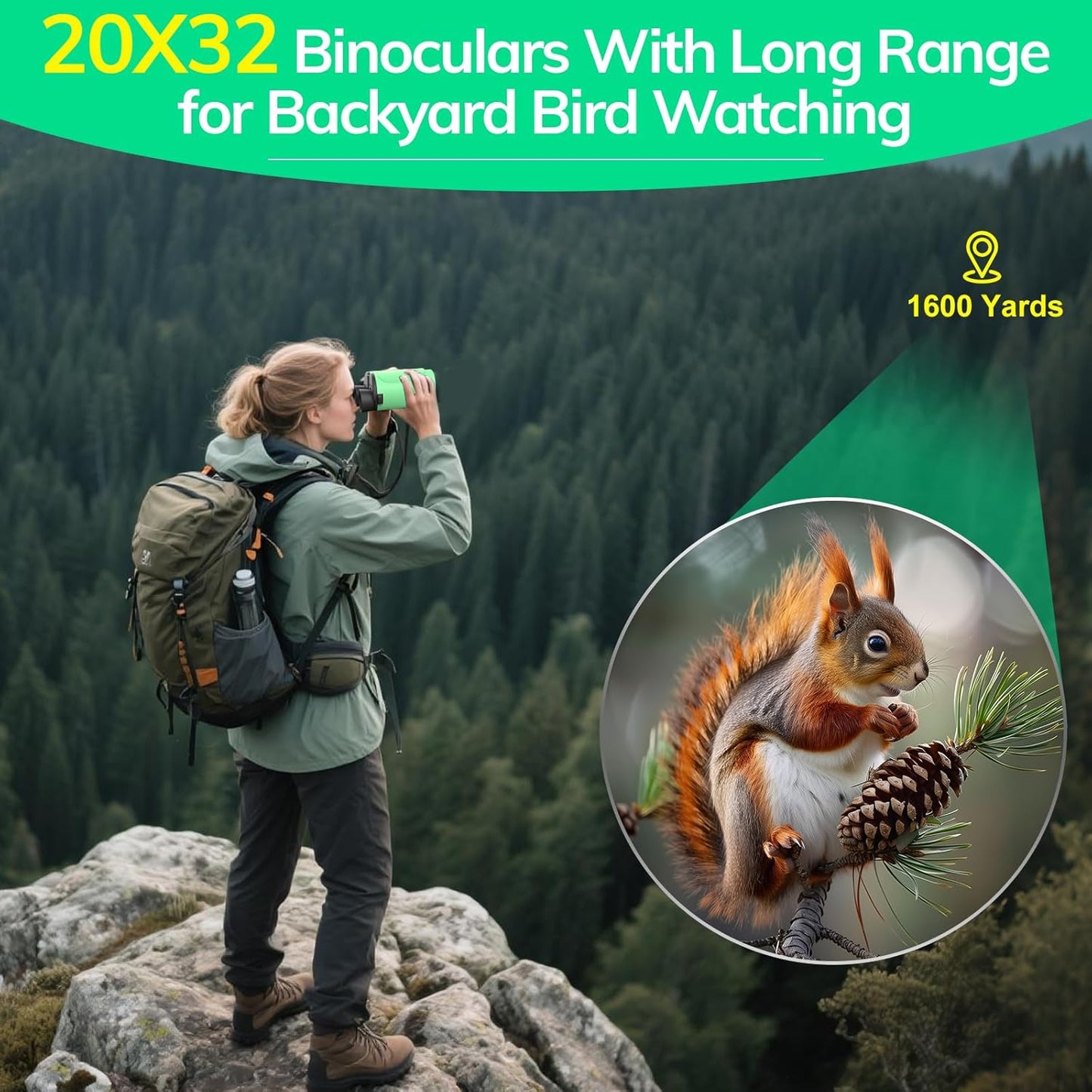 Compact Binoculars for Adults High Powered - OPAITA 20x32 Small Binoculars for Adults Kids with Low Light Vision for Hunting Cruise Ship Travel Concert Hiking Light Green