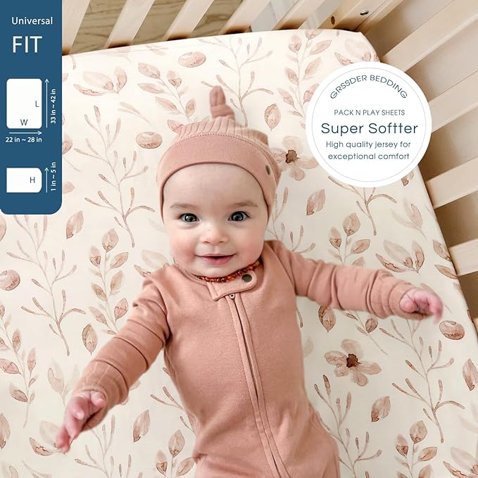 Stretchy Ultra Soft Jersey Knit Fitted Pack n Play Sheets 3 Pack, Portable/Mini Crib Sheets for Girls, Universal Fit for Pack N Plays Safe and Snug, Beautiful Blush Pink Floral and Cute Animals Print