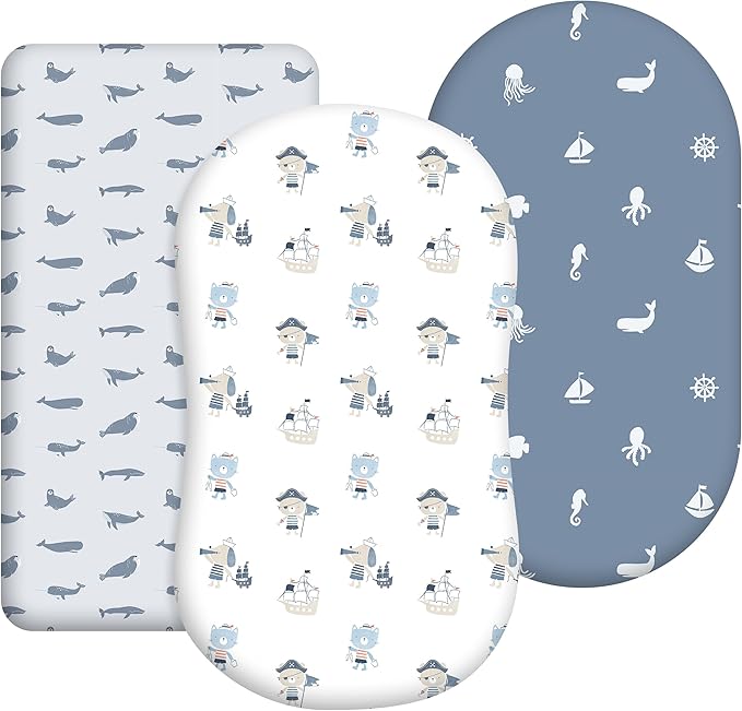 Baby Bassinet Sheets Girl Boy, Stretch Fitted Bassinet Sheet Set 3 Pack Bassinet Mattress Sheets Universal Fit for Rectangle, Round, Oval, Hourglass Mattress, Soft Breathable Blue Ocean Sailor