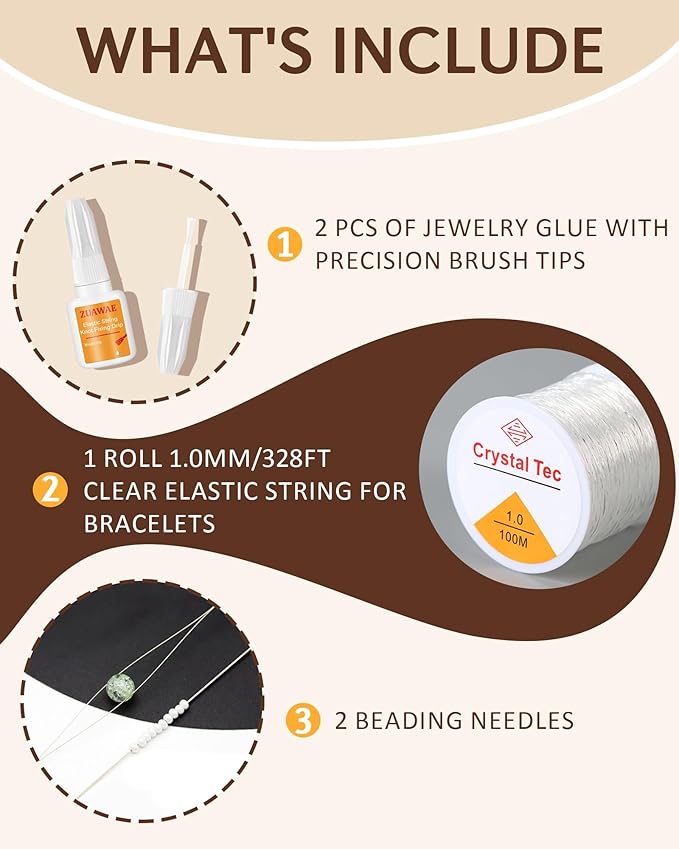 ZUAWAE Jewelry Glue for Elastic String, Bracelet Glues with 1mm Elastic String for Bracelets to Clay Beads Bracelet Making Kit, Jewelrys Fixing Kit, Jewelry Making Supplies