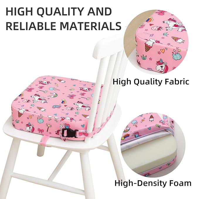 Toddler Booster Seat for Dining Table, Portable Kids Booster Seat with Safety Buckles Portable Increasing Booster Cushion with Non-Slip Bottom (Pink Unicorn)