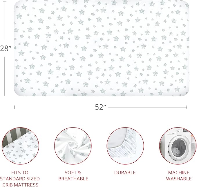 Crib Sheets & Waterproof Crib Mattress Protector for Boys 4 Pack Set, Viscose, Waterproof Crib Sheets Mattress Pad Cover, Grey & White