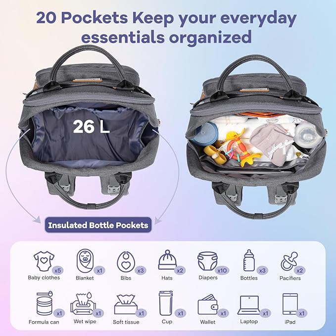 RUVALINO Diaper Bag Backpack, Multifunction Travel Pack Maternity Baby Changing Bags, Large Capacity, Waterproof, Dark Gray