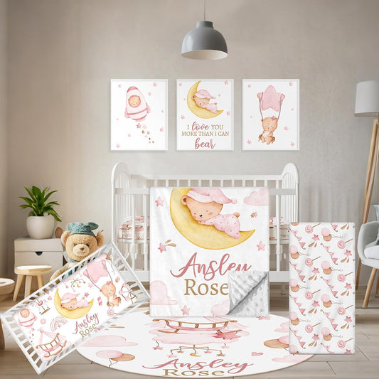 Custom Crib Bedding Set, 5 Pcs Customized Baby Crib Set with Name, Soft Double Layer Nursery Baby Bedding Set for Girls Boys, Personalized for Infants Toddlers, Pink Moon Bear