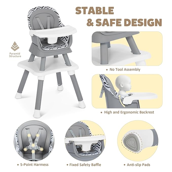 Baby High Chair, 8 in 1 Convertible Highchairs for Babies and Toddlers, Children Dining Booster Seat/Kids Building Block Table for Girls Boys, Baby Seat with Removable Tray, Chevron