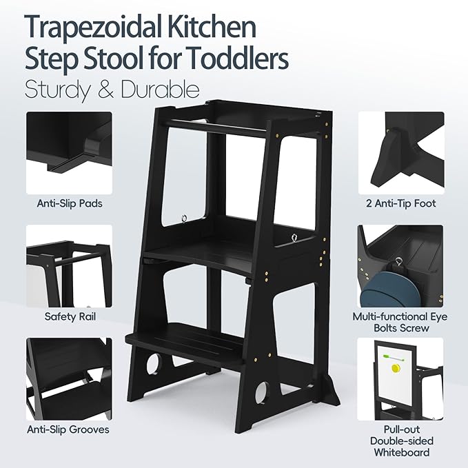4 in 1 Kitchen Step Stool Helper for Toddlers, Toddler Learning Standing Tower with Whiteboard 2 in 1 Convertible Table and Chair, Widened Platforms for Little Ones Kitchen Counter Bathroom Sink