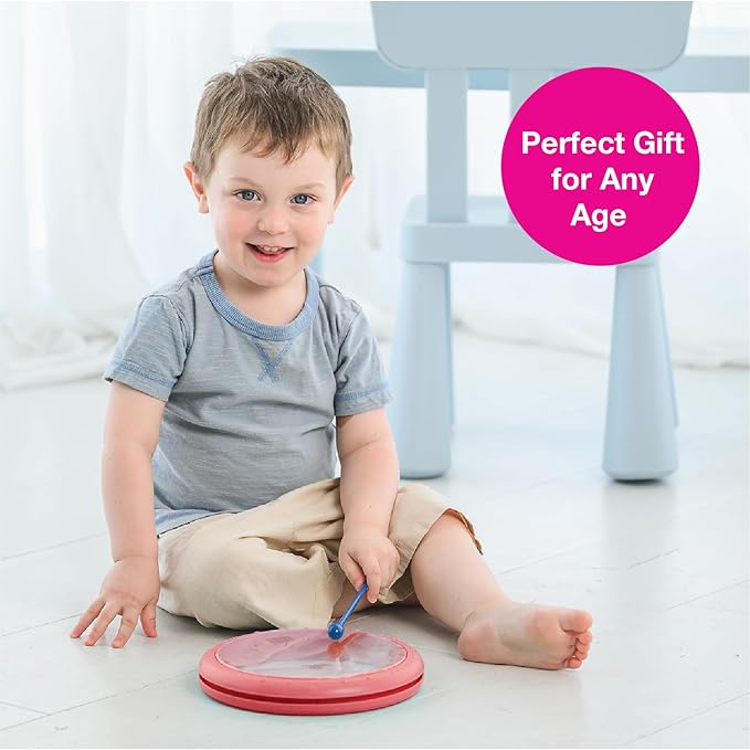 Edushape Classic Flat Drum for Baby with Easy-Grip Mallet - Set of 1 Red Color Baby Drum Toy for Toddlers, 2-Year Old and Up - Small Drums Musical Toy for Babies, Fun Tummy Time, Sensory Development