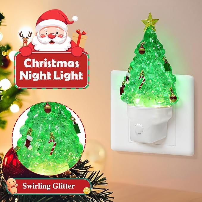 Christmas Tree Night Light Plug into Wall Glitter Water Nightlight with USB/Outlet Options, Christmas Tree Decorative Nightlight for Bedroom Kitchen Nursery Hallway Holiday Decorations Gifts (Tree)