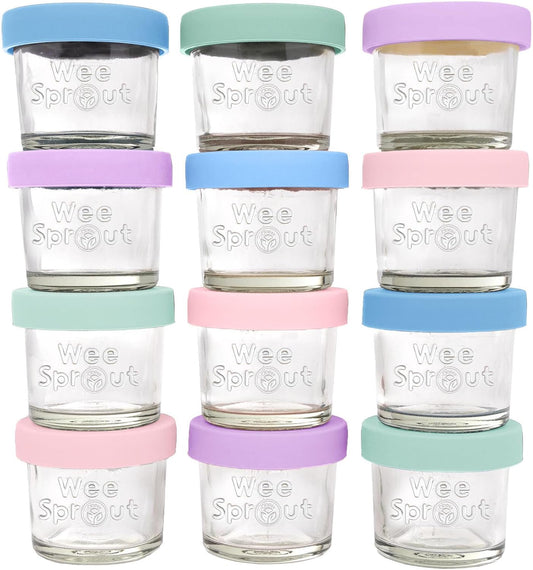 WeeSprout Glass Baby Food Storage Jars w/Lids (4 oz, 12 Pack Set) Snack, Puree, Reusable Small Containers, Breast Milk, Fridge or Freezer, Microwave & Dishwasher Safe, Essential Must Have for Infants