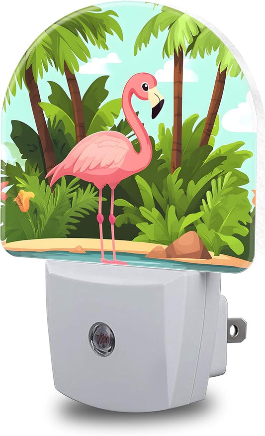 Night Light, Pink Flamingo on Tropical Island Night Lights Plug into Wall Dusk to Dawn Sensor Round Nightlight for Women Men Energy Efficient Led Lamp 0.5W for Stairway Hallway Bedroom