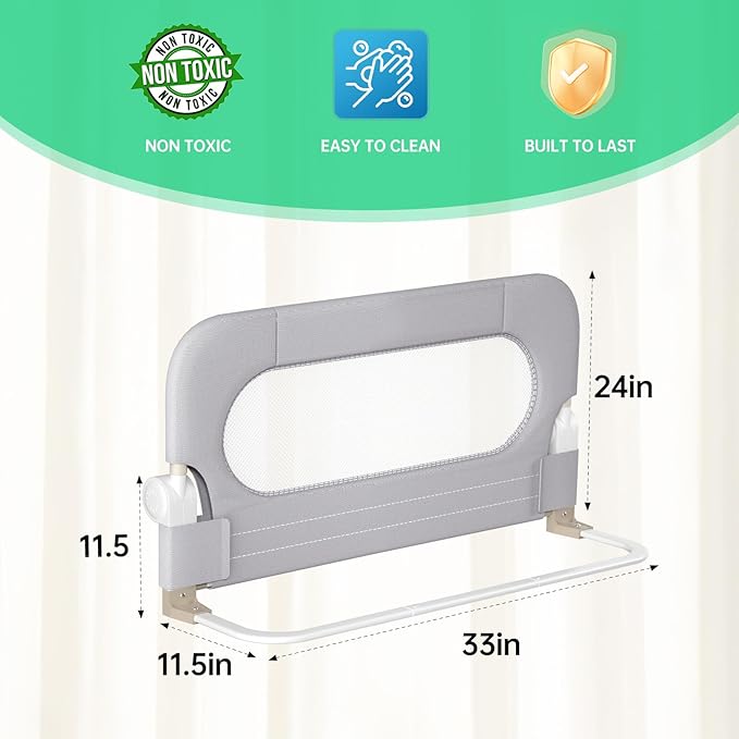 Folding Toddler Bed Rails for Crib,Safety Toddler Bed Rails,Bed Guard Rail with Reinforced Anchor Safety System,Bed Rail for Kids Fit,Bunk,Full Size,Queen,King,Twin(Grey,33"x23.6")