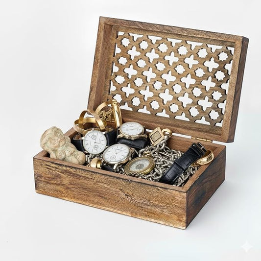 Mela Artisans Wooden Keepsake Box | Medium Burnt Mango Wood Memory & Photo Storage Box with Hinged Lid | Decorative Storage Box | Large | 9x6x3.5 Inch