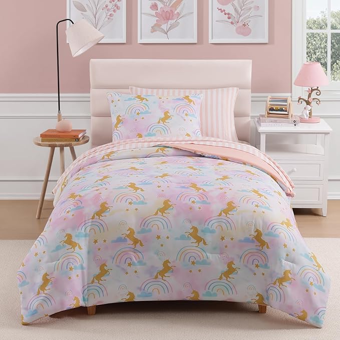 Twin Comforter Set with Sheets for Girls-5 Pieces Twin Bedding Sets with Pink Comforter, Sheets, Pillowcase & Sham for Kids (Gold Unicorn, 66" X 86")
