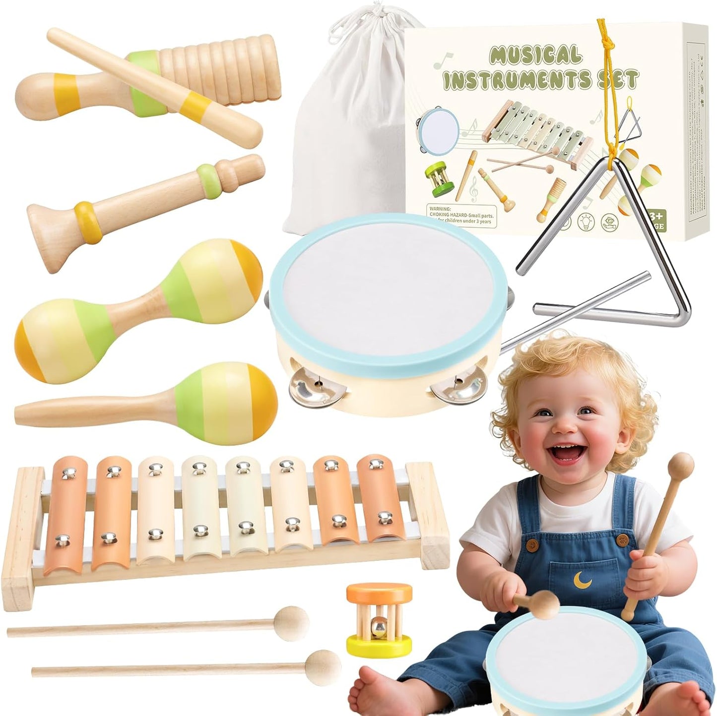 Baby Musical Instruments Set Montessori Wooden Toy for Toddlers 1 2 3 Percussion Music Xylophone for Kids Preschool Learning Resource Christmas Birthday Gifts for Boys Girls Aged 18 Months (Warm)