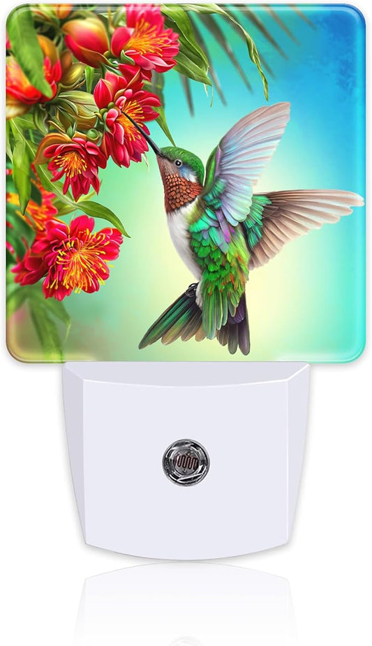 Hummingbird with Flowers Night Light for Kids,Red Tropical Floral Leaves Hummingbird Night Light Plug in with Dusk to Dawn Sensor,0.5w Energy Saving Nightlight for Hallway Stairway Kitchen Bedroom