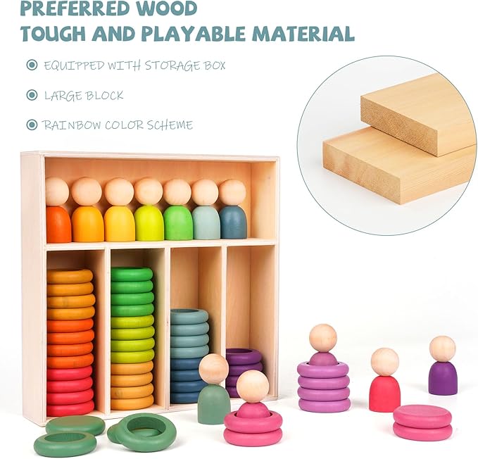 Montessori Toys Wooden Color Sorting Stacking Rings Toy Rainbow Wooden Peg Dolls Counting Toys Circular Building Blocks Stacking Game Preschool Learning Education Fine Motor Skill Toys for Toddlers