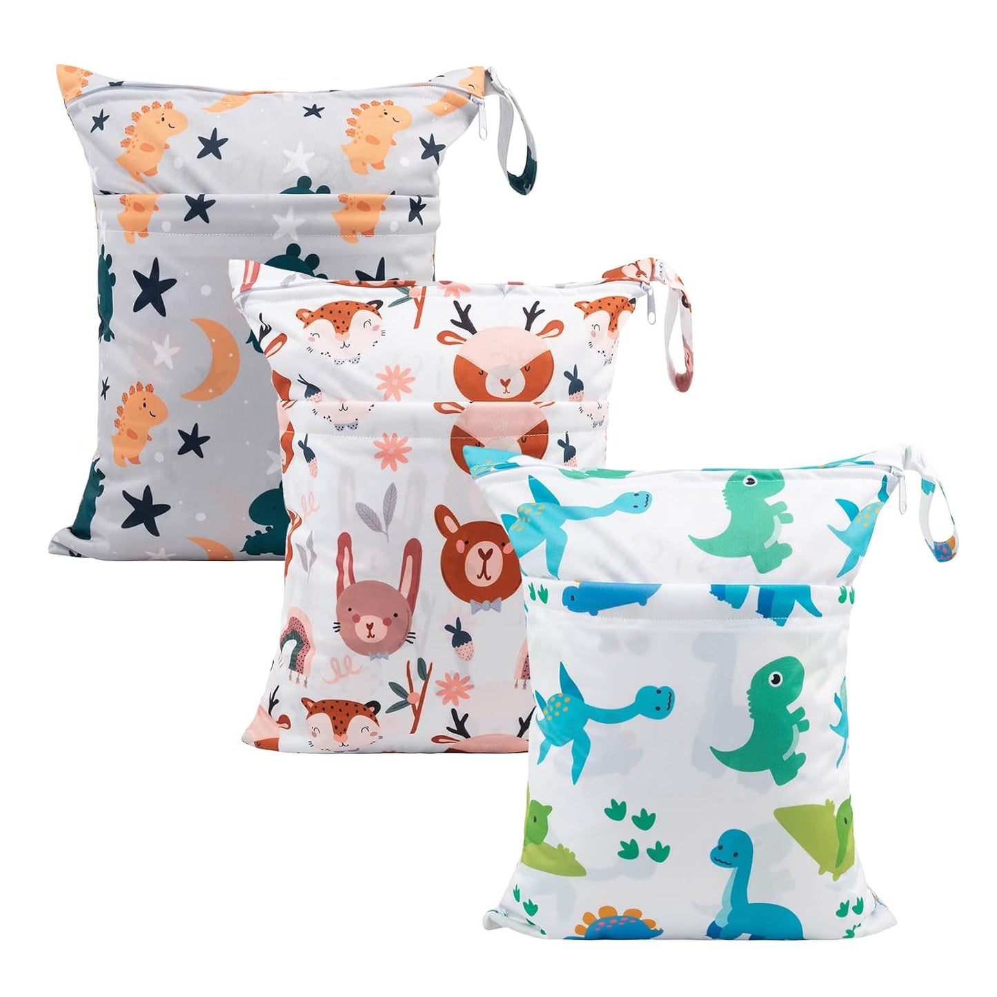 babygoal Wet Dry Bags for Baby Cloth Diapers, Washable Travel Bags, Beach, Pool, Gym Bag for Swimsuits & Wet Clothes with Two Zippered Pockets 3 Pack, 3LN23