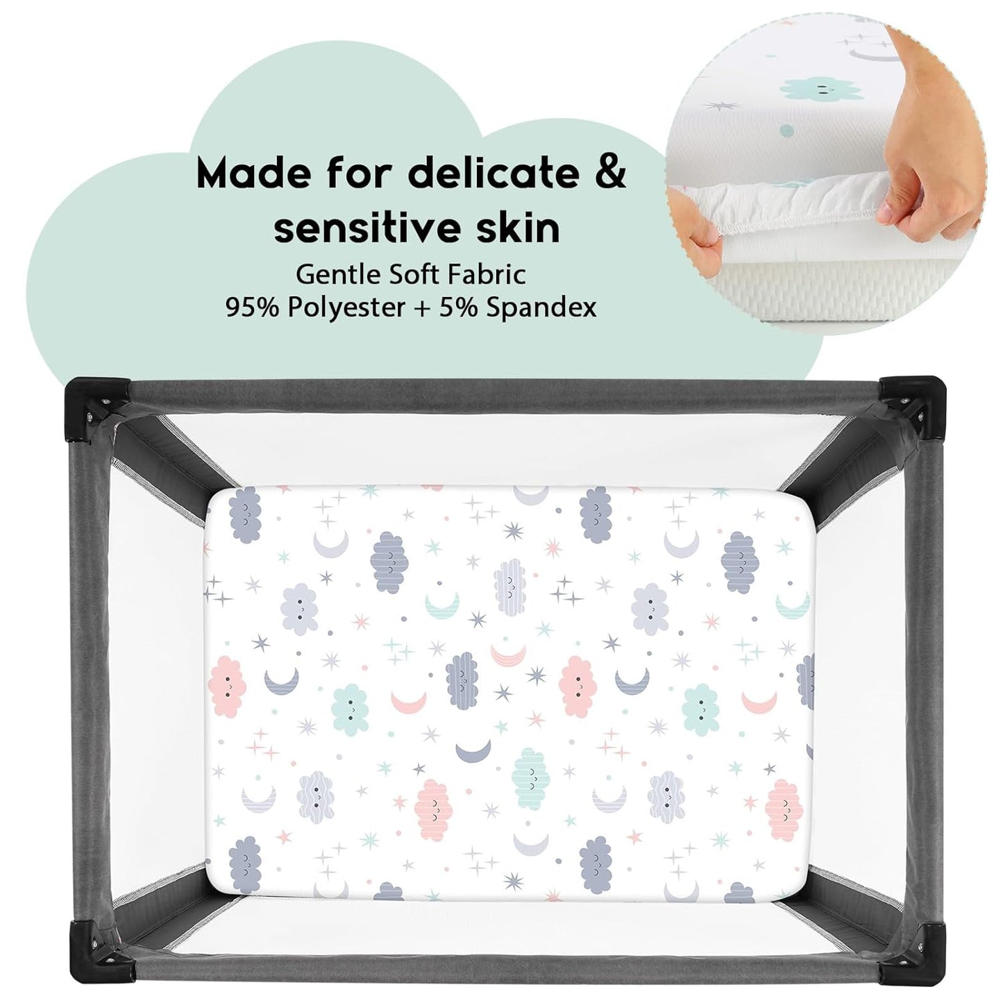 Yoofoss Pack and Play Sheets Fitted, Mini Crib Sheets 2-Pack for Pack N Play Mattress, Stretchy Playard Sheet, Soft and Breathable (Cloud)