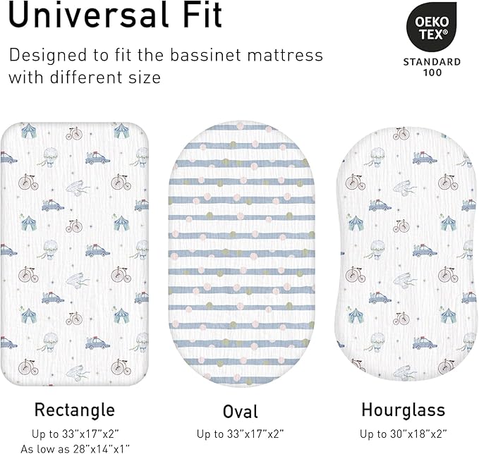 Muslin Bassinet Fitted Sheets, 2 Pack for Baby Boy and Girl, Soft Breathable Baby Pad/Mattress Sheet, Fit for Hourglass Oval and Rectangle Bassinet Mattress (Cute Cars)