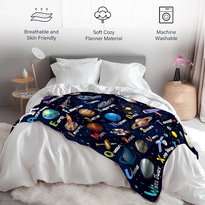 Space Alphabet Blanket, Space Themed Bedroom Decor, 50" X 60" Galaxy Blanket, Gifts for Kids, Planet Astronaut Gift for Boys Kids Birthday Christmas