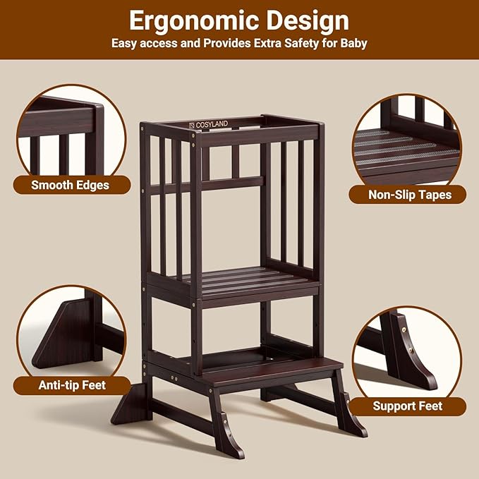 COSYLAND Height Adjustable Kitchen Stool for Toddlers – Portable Toddler Standing Tower for Learning and Cooking – Stable Kids Helper Tower with Stability Block for Kitchen Counter (Walnut)