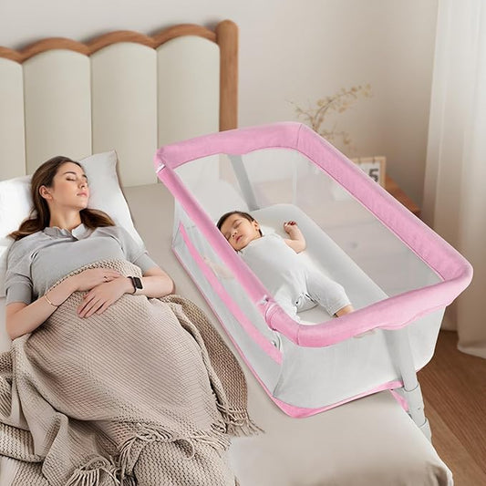 Cowiewie Bassinet Bedside Sleeper,Baby Bassinets Higher Place on Bed,5-Position Adjustment Baby Crib,Breathable 360°All-Around Mesh Sides Bedside Bassinet,Space-Saving Bedside Cribs, Pink