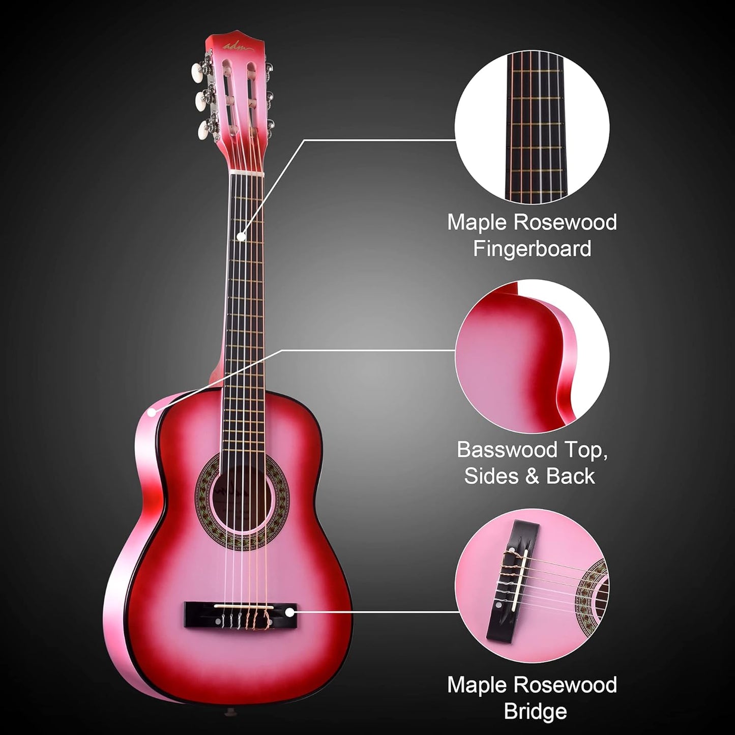 ADM Beginner Acoustic Classical Guitar 30 Inch Nylon Strings Wooden Guitar Bundle Kit for Kid Boy Girl Student Youth Guitarra Online Lessons with Gig Bag, Strap, Tuner, Extra Strings, Picks,Pink 1