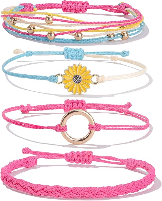 FANCY SHINY Sunflower String Bracelet Boho Braided Rope Wrap Bracelets Cute Summer Beach Surfer Jewelry for Women Christmas Gifts