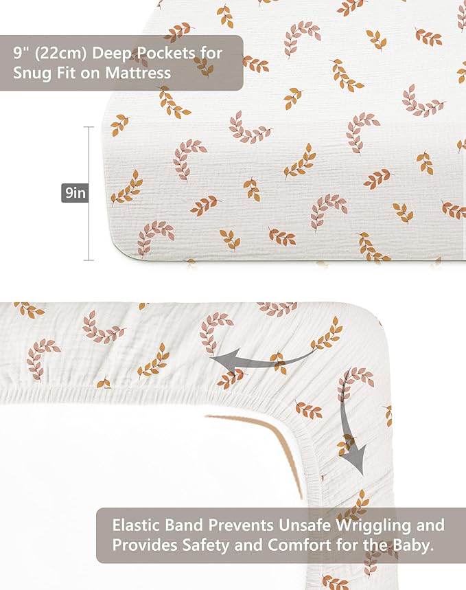 Crib Sheets for Boys Girl, Fitted Baby Toddler Bed Sheets 28" x 52", Neutral Muslin Cotton Crib Mattress Bedding Soft and Breathable Comfort (Leaf)