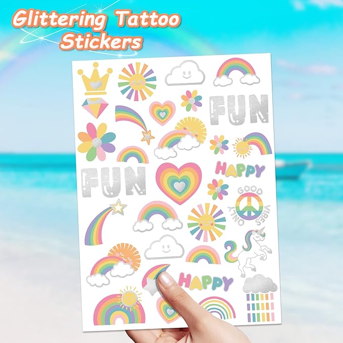 118 PCS Kids Tattoos Temporary for Girls, Unicorn Rainbow Crown Glitter Tattoos, Girls Unicorn Party Decorations Kids Birthday Party Favor Supplies Princess Tattoos Stickers