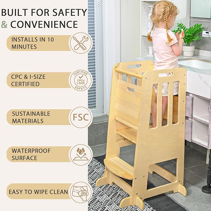WINGYZ Toddler Kitchen Stool – Adjustable Helper Tower for Kids with Safety Rail, Wooden Standing Step-Up Stool, Sliding Door & Stable Base, Natural Wood