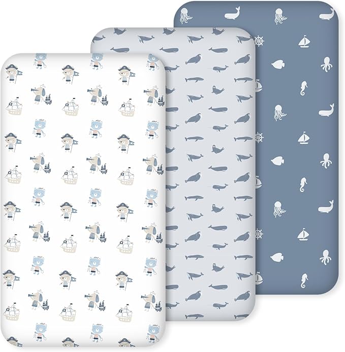 Nap Mat Sheet 47"x24", 3 Pack Blue Ocean Sailor Baby Crib Sheets Fitted Elastic Corners, Preschool Day Care Rest Mat Cover, Soft Breathable - Compatible with Regalo My Cot, Joovy Travel Cot