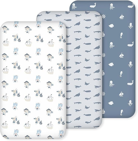 Nap Mat Sheet 47"x24", 3 Pack Blue Ocean Sailor Baby Crib Sheets Fitted Elastic Corners, Preschool Day Care Rest Mat Cover, Soft Breathable - Compatible with Regalo My Cot, Joovy Travel Cot