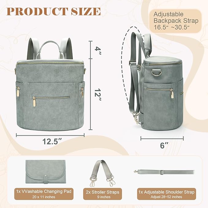 miss fong Diaper Bag Backpack Baby Diaper Bag, Large Leather Diaper Backpack with 16 Pockets Travel Bag with Diaper Changing Pad, Stroller Straps & 2 Insulated Pockets (Convertible,Premium Grey)