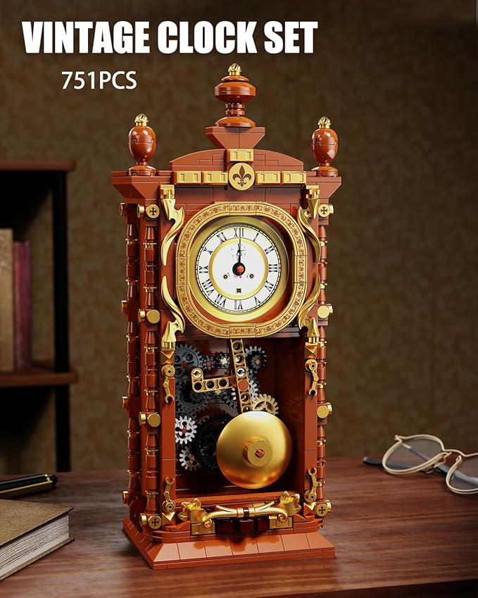 Vintage Pendulum Clock Building Block Set, Stem Toy with Real Clock Function and Linkable Mechanical Pendulum, Unique Home Decoration and Collectible for Adults&Kids 6+
