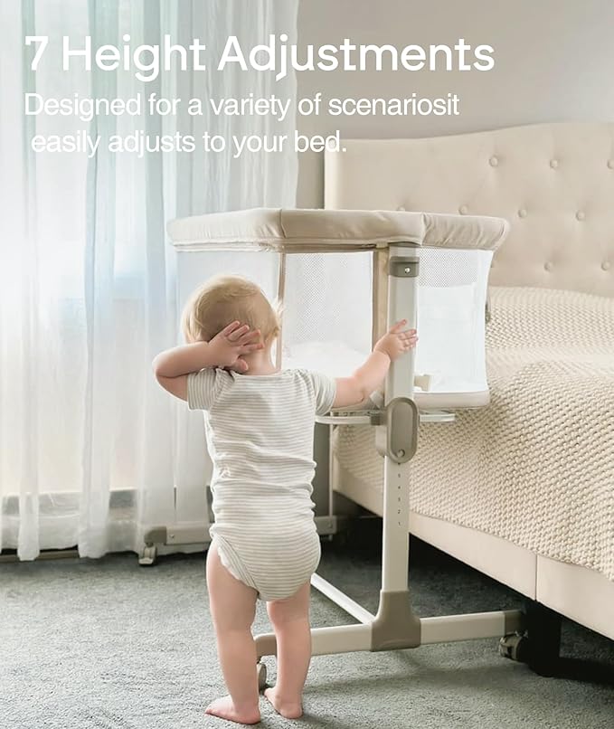Fodoss Baby Bassinets Bedside Sleeper - All Mesh Bedside Bassinet with Wheels, 7 Height Adjustable Baby Bassinet for Infants, Beige