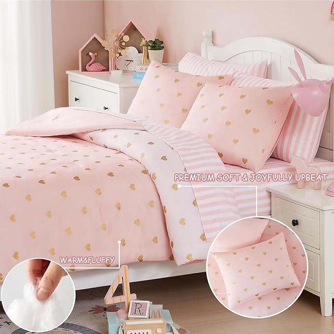 Full Size Comforter Sets with Sheets for Girls-7 Pieces Full Size Bedding Sets with Pink Comforter, Sheets, Pillowcases & Shams for Kids (Pink Gold Heart, 76" X 86")