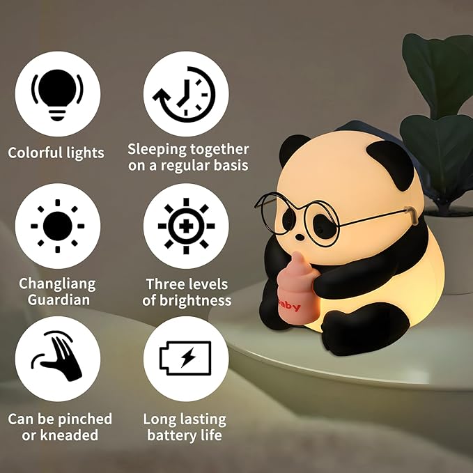 Cute Panda Night Light, LED Novelty Animal Night Lamp, 3 Level Dimmable Nursery Nightlight Gift for Breastfeeding Toddler Baby Kids, Food Grade Silicone Cute Stuff forRoom Decor