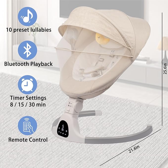 Baby Swing for Infants to Toddler Portable Babies Swing Timing Function 5 Swing Speeds Bluetooth Touch Screen Music Speaker with 10 Preset Lullabies 5-Point Carabiner (Ivory White)
