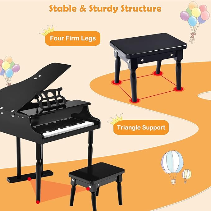 HONEY JOY Classical Kids Piano, 30-Key Mini Grand Piano with Music Stand and Bench, Wooden Musical Instrument Toy w/Lid & Music Rack, Gift for Boys Girls Ages 3+ (3 Straight Leg-Black)