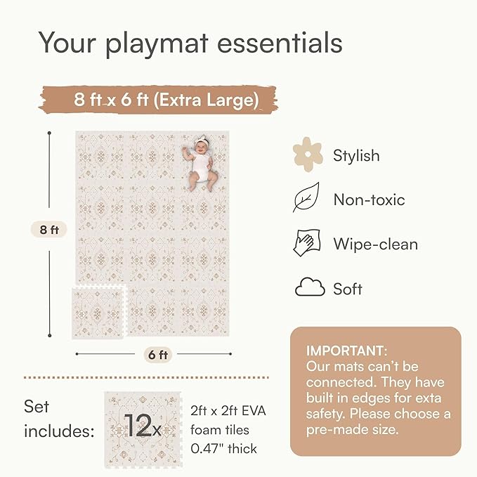 Lillefolk Baby Play Mat for Floor – 6x8ft Vintage Vanilla | Soft Non Toxic Premium EVA Foam Tiles for Tummy Time, Crawling & Playroom – Waterproof Floor Mat for Babies & Toddlers (12 Tiles)
