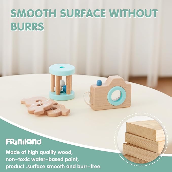 FReniland Wooden Montessori Toys, 3-Piece Wooden Baby Toys, Rotating Drum Toy, Camera Kaleidoscope Toys, Baby Key Rattles,Newborn Baby Gift Sets for Boys and Girls