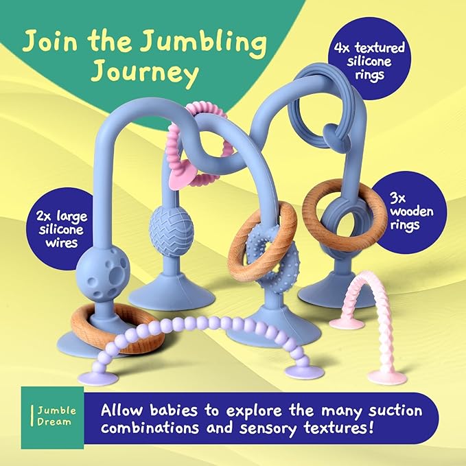 Jumble Jangle Baby Teething Toys – BPA-Free, Multi Purpose High Chair Toys for Babies: Suction Teething Relief with Sensory Toy Textures for Infants and Toddlers 0–24+ Months (Light Blue)