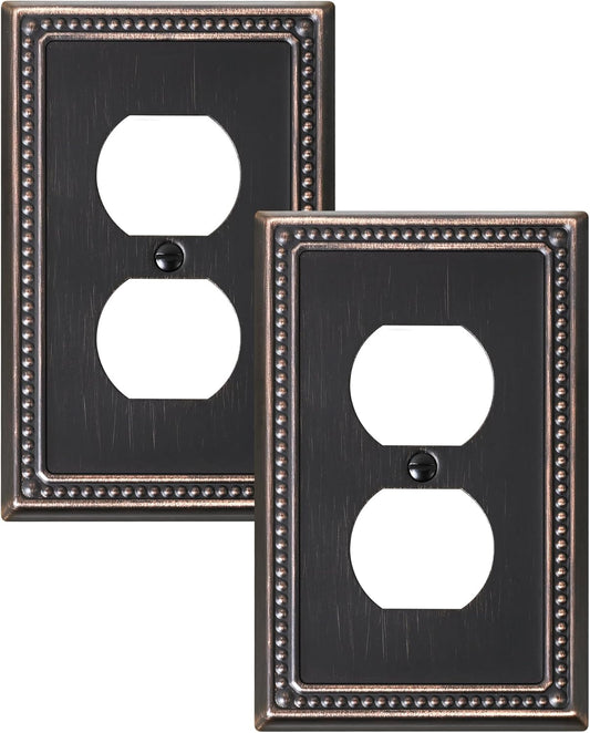 2-Pack Duplex Outlet Cover Plate, Aged Bronze Metal Wall Plates for Electrical Outlets, 1 Gang Receptacle Light Switch Cover, Pearls Decorative Switch Plates and Outlet Covers